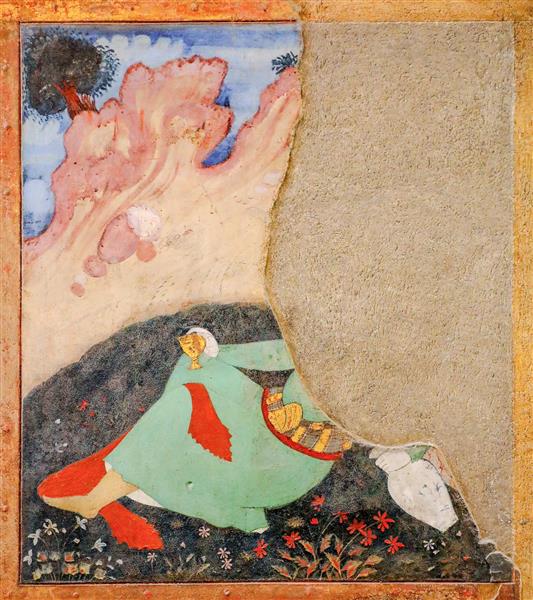 نقاشی زن با لباس سبز و سبد میوه در فضای باغ (مینیاتور چهلستون)