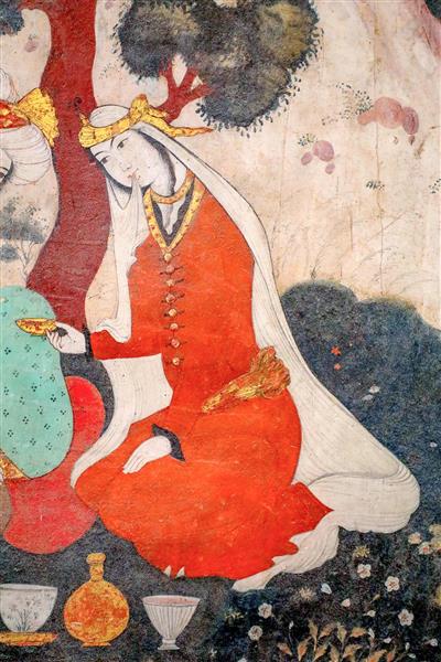 جزئیات زن با لباس قرمز صفوی در حال صرف نوشیدنی (نگارگری چهلستون)