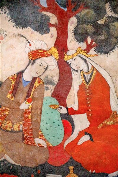 جزئیات نقاشی عاشقانه زن و مرد صفوی زیر درخت (چهره‌نگاری چهلستون)