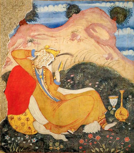 مینیاتور مرد صفوی (درویش) در حال استراحت در باغ (نقاشی چهلستون)