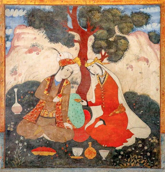 نقاشی بزم عاشقانه زن و مرد صفوی زیر درخت در نگارگری چهلستون