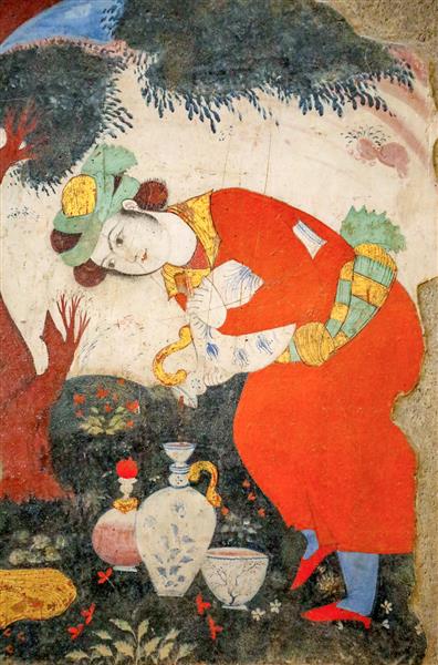 نقاشی زن صفوی (ساقی) در حال آماده‌سازی بزم در فضای باغ کاخ چهلستون