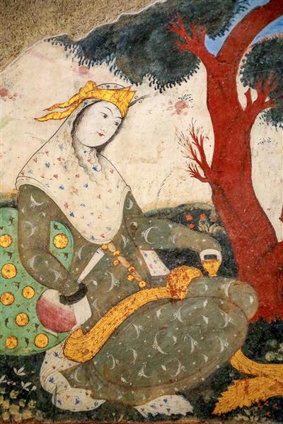 جزئیات نقاشی زن صفوی با سرپوش سنتی در حال نوشیدن (مینیاتور)