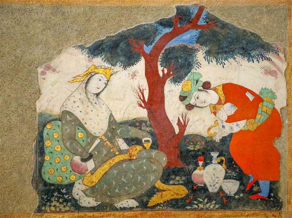 نقاشی بزم شاهی و فضای باغ، زن و مرد صفوی زیر درخت (مینیاتور)