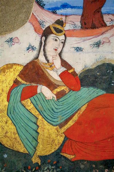 مینیاتور زن اشرافی صفوی در حال استراحت در فضای باغ (جزئیات پرتره)