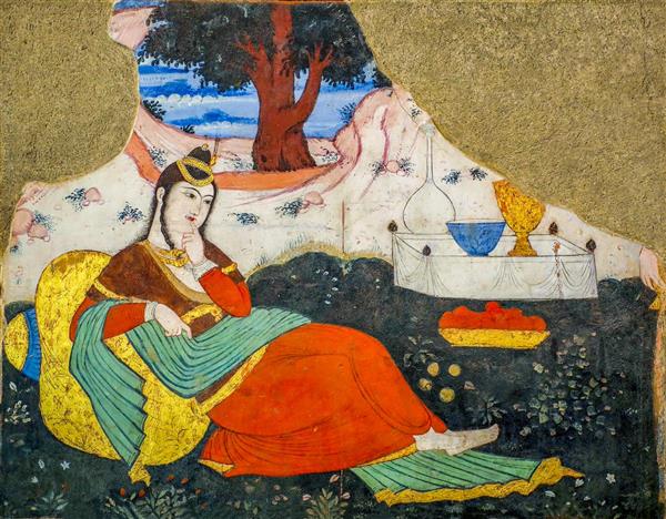 نگارگری بزم زن اشرافی ایرانی کنار درخت و ظروف در کاخ چهلستون