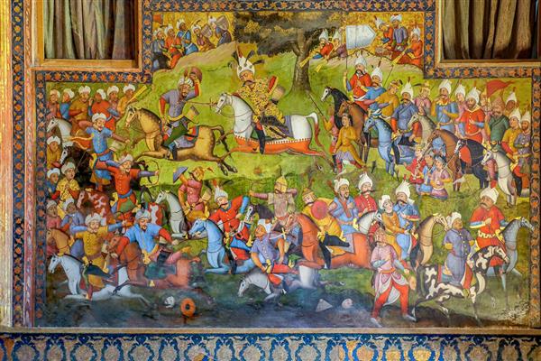 نقاشی دیواری میدان نبرد و شکارگاه (نبرد شاه اسماعیل صفوی) در چهلستون