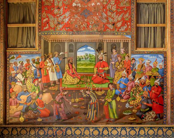 نقاشی بزم رسمی شاه عباس دوم با سفیران خارجی در کاخ چهلستون