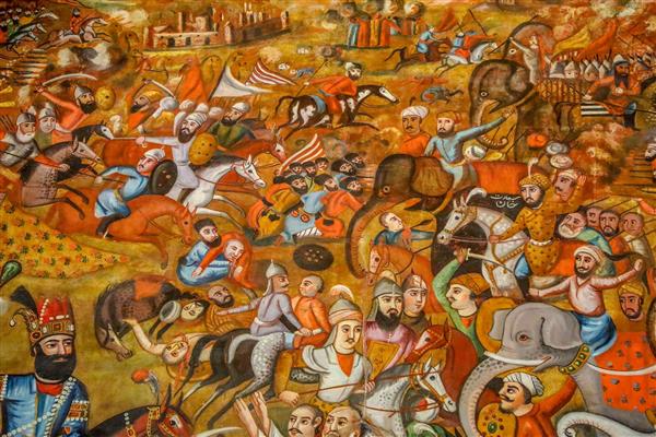 جزئیات نگارگری نبرد با فیل‌های هندی و سواره‌نظام (نقاشی چهلستون)