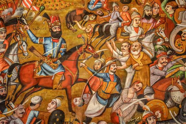 جزئیات نزدیک از سربازان و نادرشاه سوار بر اسب در نقاشی چهلستون