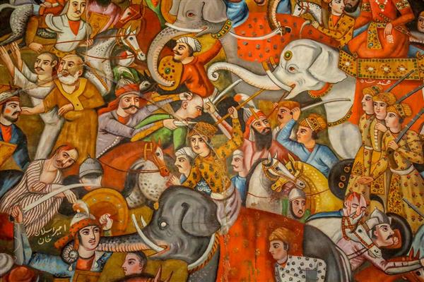 جزئیات نقاشی نبرد کرنال با حضور فیل‌های جنگی (نقاشی چهلستون)