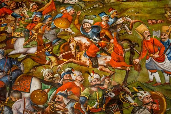 تصویر نزدیک از نقاشی نبرد صفوی عثمانی در تالار اصلی چهلستون