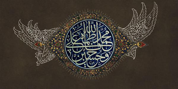 طرح پوستر اسماء پنج تن آل عبا در دایره با تذهیب و بال‌های مزین (مذهبی، فاخر)