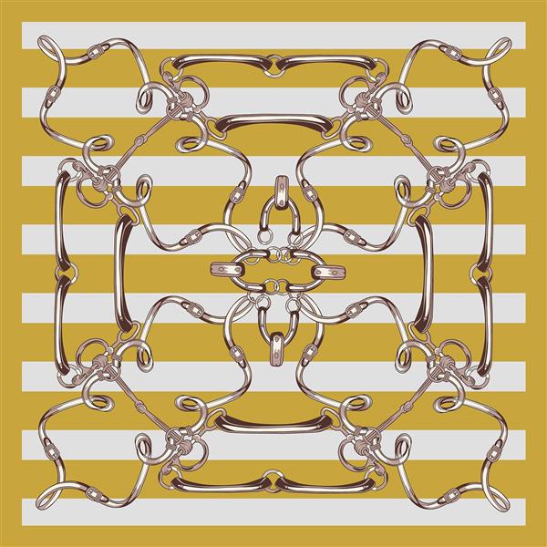 طرح زین و یراق اسب سواری با سگک‌های نقره‌ای روی پترن راه‌راه زرد و سفید