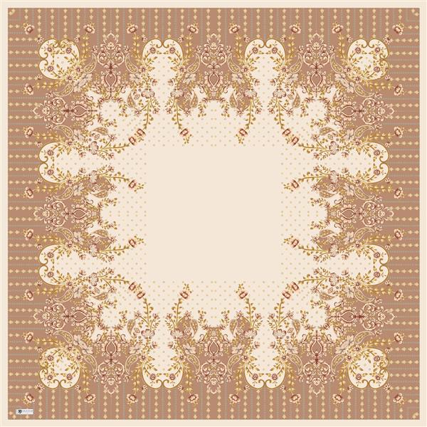 طرح روسری بته‌جقه و داماسک بژ و قهوه‌ای با پس‌زمینه خال‌خالی و مرکز روشن