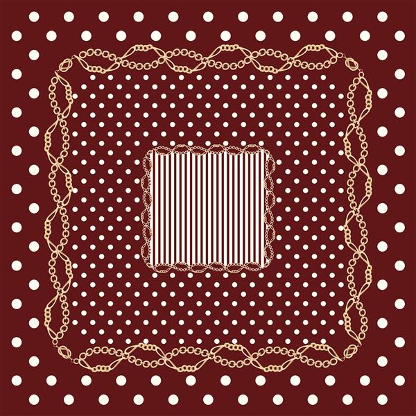 طرح روسری خال‌خالی زرشکی و سفید با حاشیه زنجیر طلایی و کادر راه‌راه کلاسیک