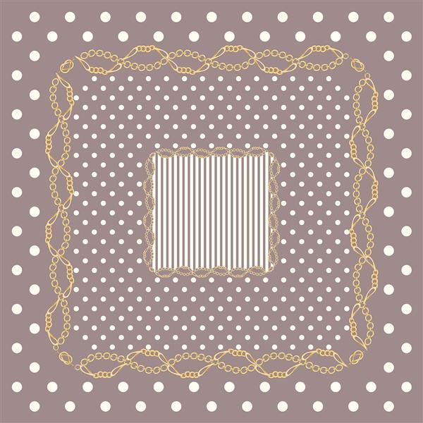 طرح روسری خال‌خالی صورتی خاکستری و سفید با حاشیه زنجیر طلایی و کادر راه‌راه کلاسیک