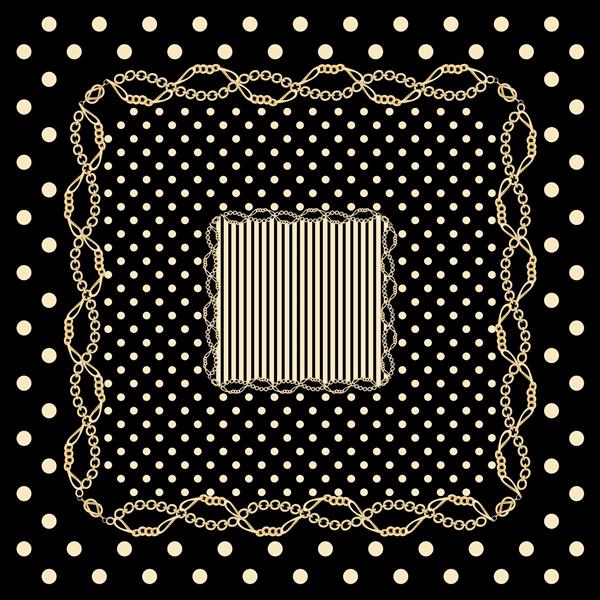 طرح روسری خال‌خالی مشکی و سفید با حاشیه زنجیر طلایی و کادر راه‌راه کلاسیک