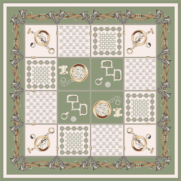 طرح روسری پچ‌ورک شطرنجی با موتیف‌های سگک و زنجیر طلایی و سبز پسته ای برای روسری لوکس