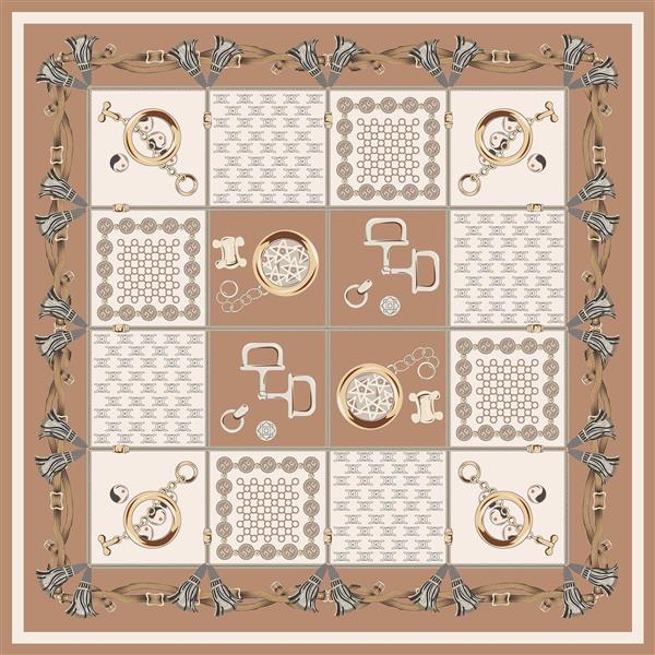 طرح پچ‌ورک شطرنجی با موتیف‌های سگک و زنجیر طلایی و بژ برای روسری لوکس