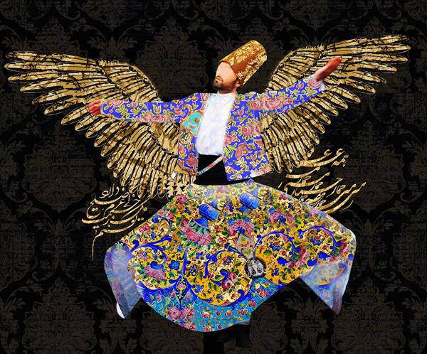 تصویر فرشته سماع‌کننده با بال‌های طلایی در پس‌زمینه تیره نقاشی و خوشنویسی دیجیتال آرت