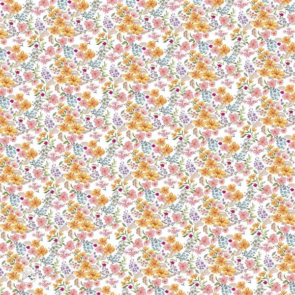 طرح روسری گل‌های ریز و شلوغ نارنجی، صورتی و آبی روی پس‌زمینه سفید بهاری