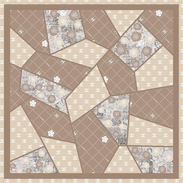 طرح روسری پچ‌ورک هندسی نامنظم کرم و قهوه‌ای با پترن‌های مختلف و گل‌های انتزاعی