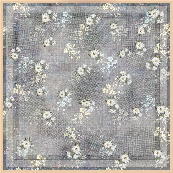 طرح روسری گل‌های ریز سفید با پس‌زمینه بافت‌دار و چهارخانه خاکستری و بژ مدرن