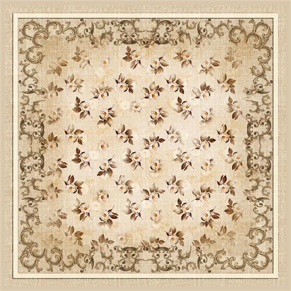 طرح وینتج گُل‌های کوچک قهوه‌ای و کرم با قاب اسلیمی کلاسیک برای شال پاییزی