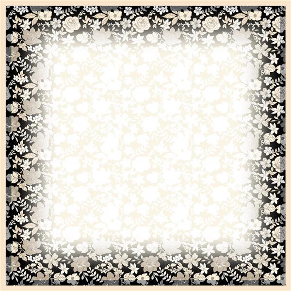 طرح حاشیه گل و برگ مشکی و کرمی با فضای میانی روشن مناسب روسری مجلسی