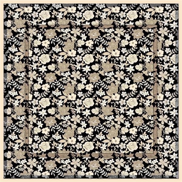 طرح روسری گل رز و بوته‌های ریز در رنگ‌های خنثی کرم و بژ روی پس‌زمینه مشکی