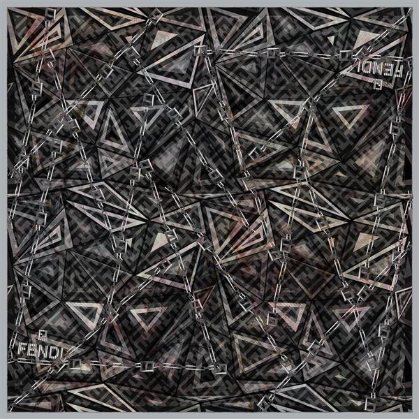 طرح هندسی مدرن Fendi با پترن مثلثی درهم ریخته روی زمینه مونوگرام مشکی