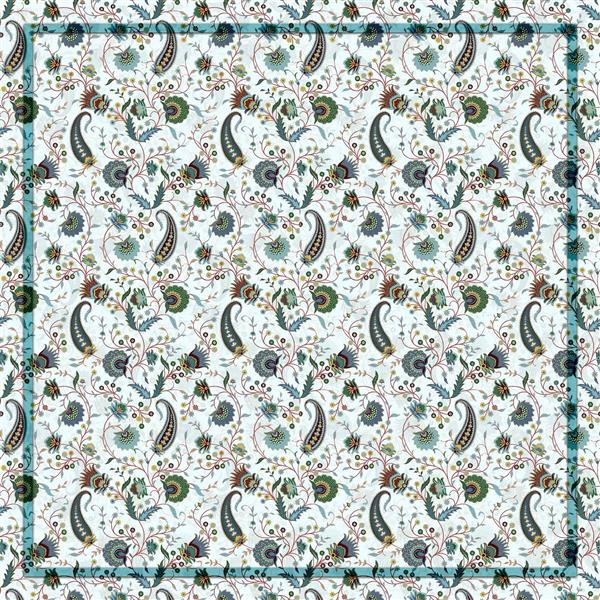 طرح بته‌جقه (Paisley) و برگ‌های ریز کلاسیک با حاشیه آبی روی زمینه روشن