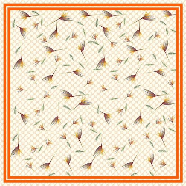 طرح پترن گل‌های پَر مانند انتزاعی نارنجی و سبز روی پس‌زمینه لوزی ریز کرمی