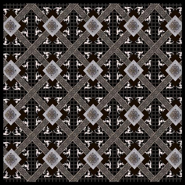 طرح پترن لوزی‌شکل با موتیف‌های شرقی و حاشیه مشبک مشکی و قهوه‌ای لوکس