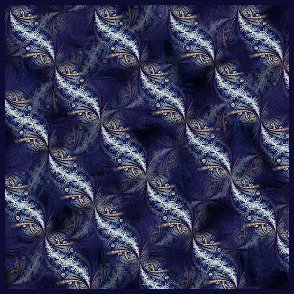 طرح اسلیمی چرخشی مدرن و تکرارشونده روی پس‌زمینه مخملین آبی درباری