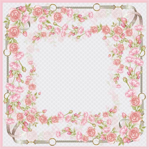 طرح حاشیه گُل رز صورتی با بند و حلقه کمربند نقره‌ای مناسب شال بهاری رمانتیک