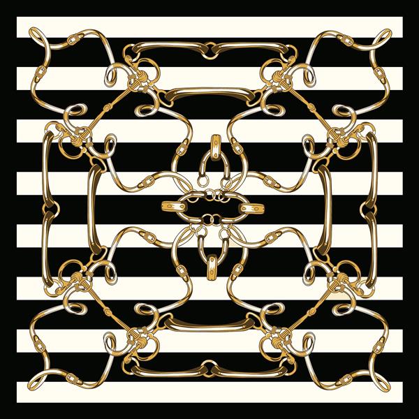 طرح لوکس مهار اسب (Bridle) طلایی روی پترن راه‌راه مشکی و سفید کلاسیک