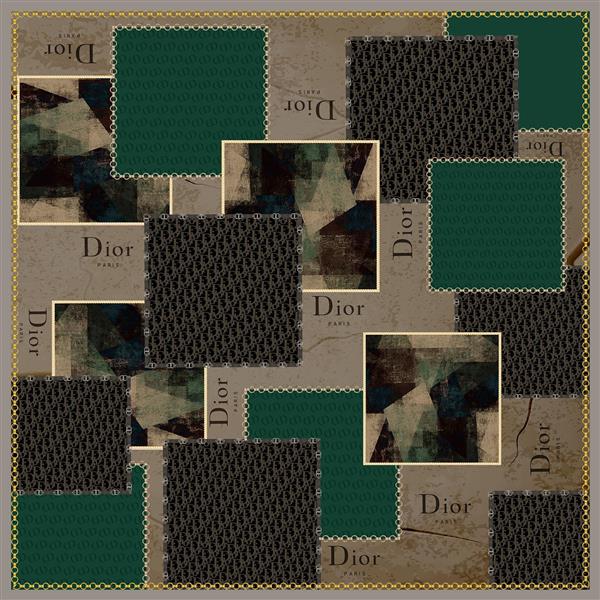 طرح پچ‌ورک مدرن Dior با بلوک‌های گرافیکی سبز، مشکی و پترن مونوگرام برای شال