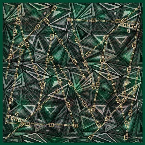 طرح مدرن Fendi با پترن مثلثی چندضلعی سبز و زنجیر طلایی برای روسری گرافیکی