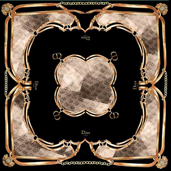 طرح لوکس Dior مشکی و طلایی با حاشیه زنجیر و موتیف چرمی مناسب روسری مجلسی