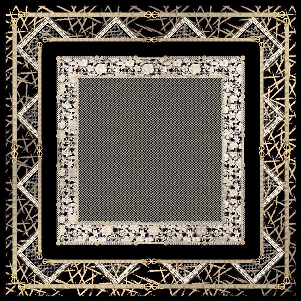 طرح لوکس حاشیه طلایی و گل‌های سفید با پس‌زمینه مشکی چهارخانه ریز برای روسری