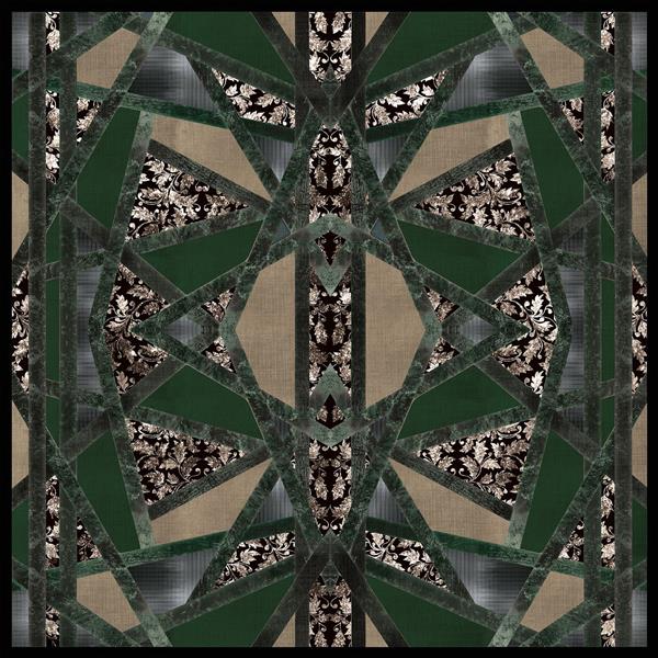 طرح انتزاعی هندسی مدرن سبز تیره و خاکی با جزئیات موزاییک مرمر و طلا