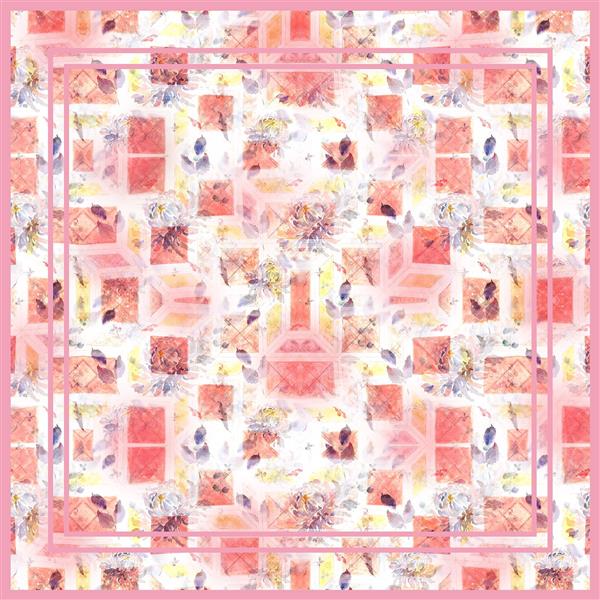 طرح آبرنگ گل و هندسی کاشی‌کاری با پس‌زمینه سفید مناسب روسری و شال بهاری