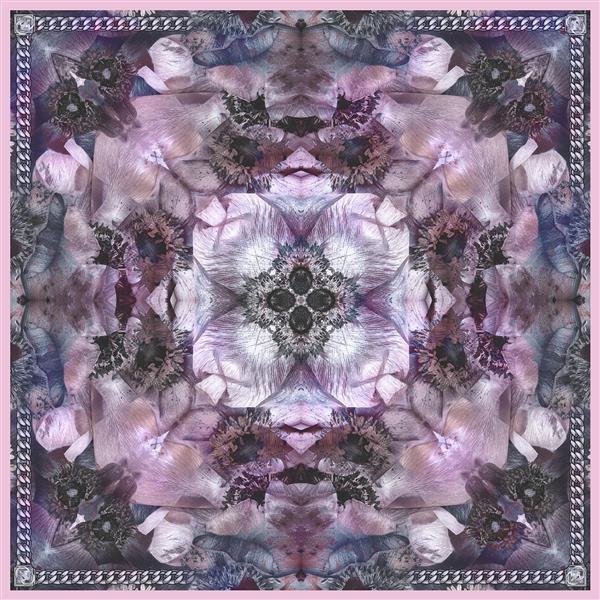 طرح روسری چندضلعی با کالییدوسکوپ گل‌های بنفش تیره انتزاعی و آبرنگی با تقارن مرکزی و زنجیر