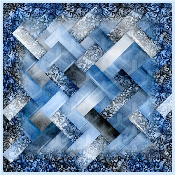 طرح روسری با پترن بافت حصیری آبی و تزئینات بته جقه مدرن با ساختار هندسی و نقوش کلاسیک در حاشیه