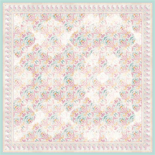 پترن روسری محو با اشکال بته جقه و گل‌های صورتی آبی پاستلی وینتج و لطیف با حاشیه دندانی و رنگ روشن