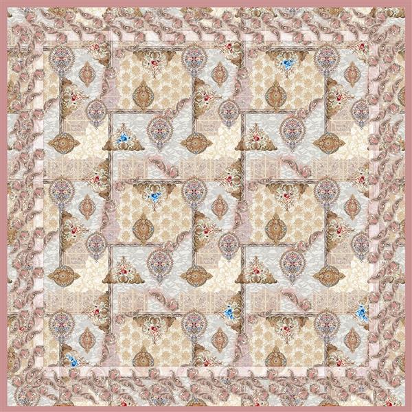 طرح شال/روسری کلاژ با تکه‌های بته جقه و پترن‌های پیچیده کوبلن با پس‌زمینه صورتی و رنگ‌های پاستلی