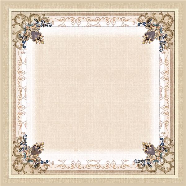 طرح روسری با زمینه ساده کرم و فریم تزئینی طلایی و بته جقه کلاسیک و مینیمال با حاشیه گوشه‌ای