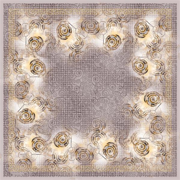 طرح روسری طوسی کرم با پترن گل رز مارپیچی و حاشیه یونانی انتزاعی لوکس با قاب خطی